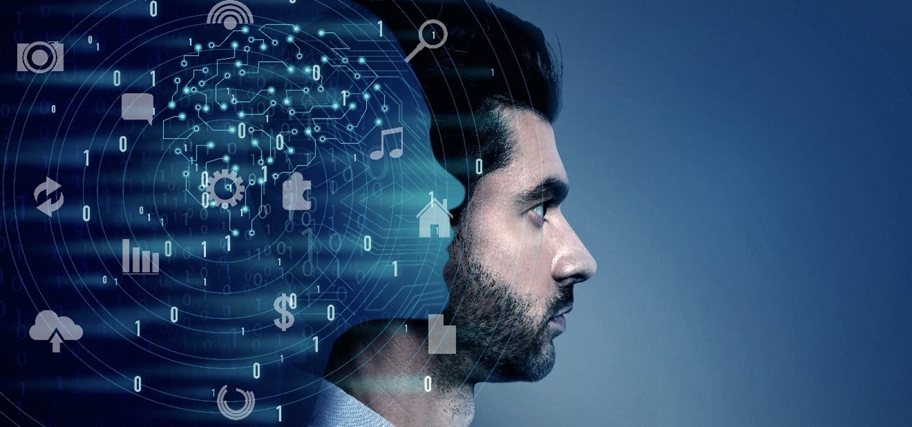 Profile of a man with digital icons and binary code representing artificial intelligence concepts